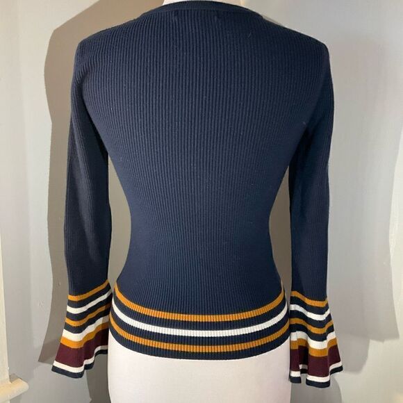Marled Bell Sleeve Ribbed Contrast Sweater, M, Navy - Picture 9 of 14